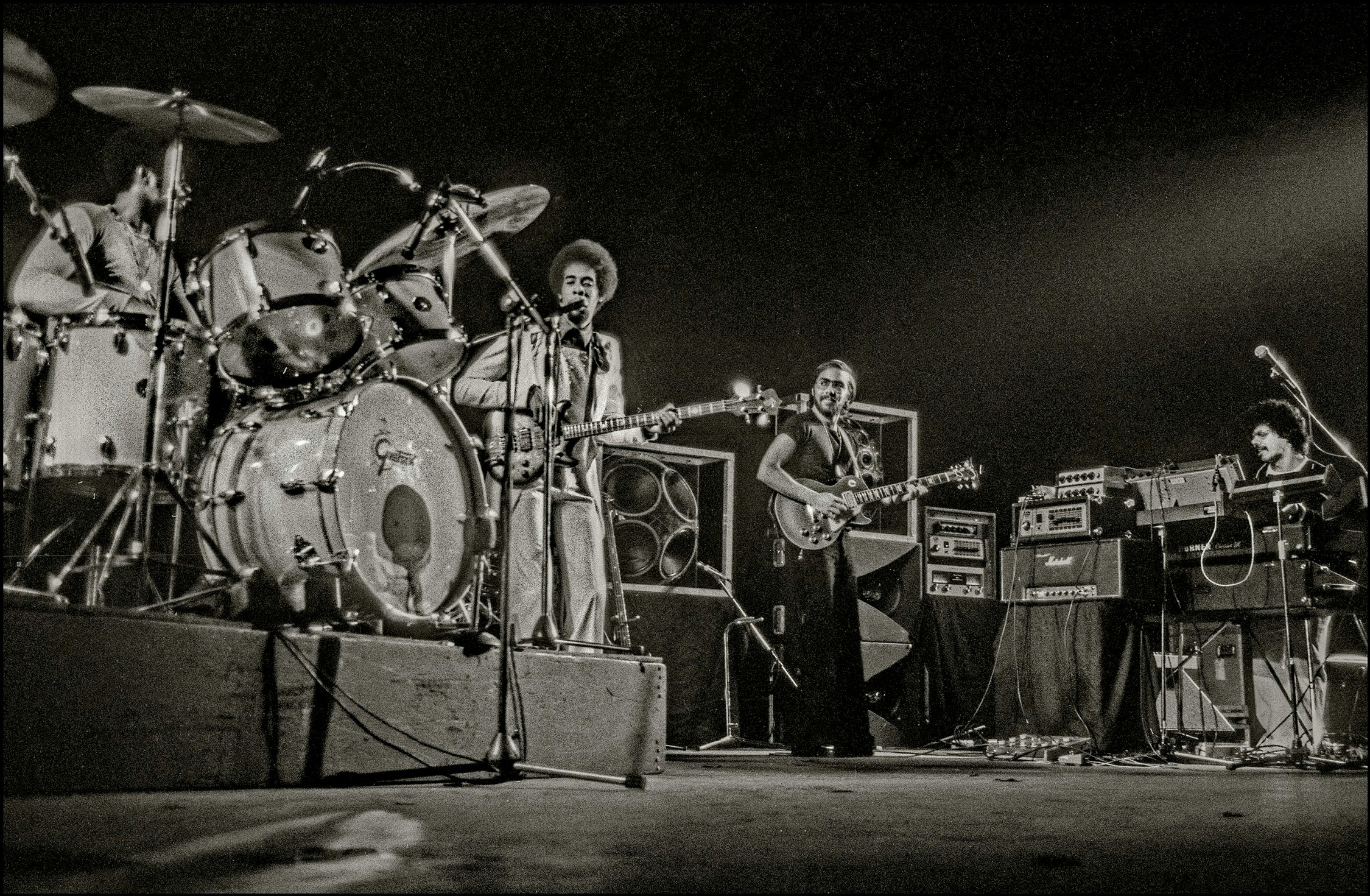 Return to Forever at the New Victoria Theatre in London, 1976. (left to right) Lenny White, Stanley Clarke, Al Di Meola, and Chick Corea. Photo by Dick Barnatt/Redferns.
